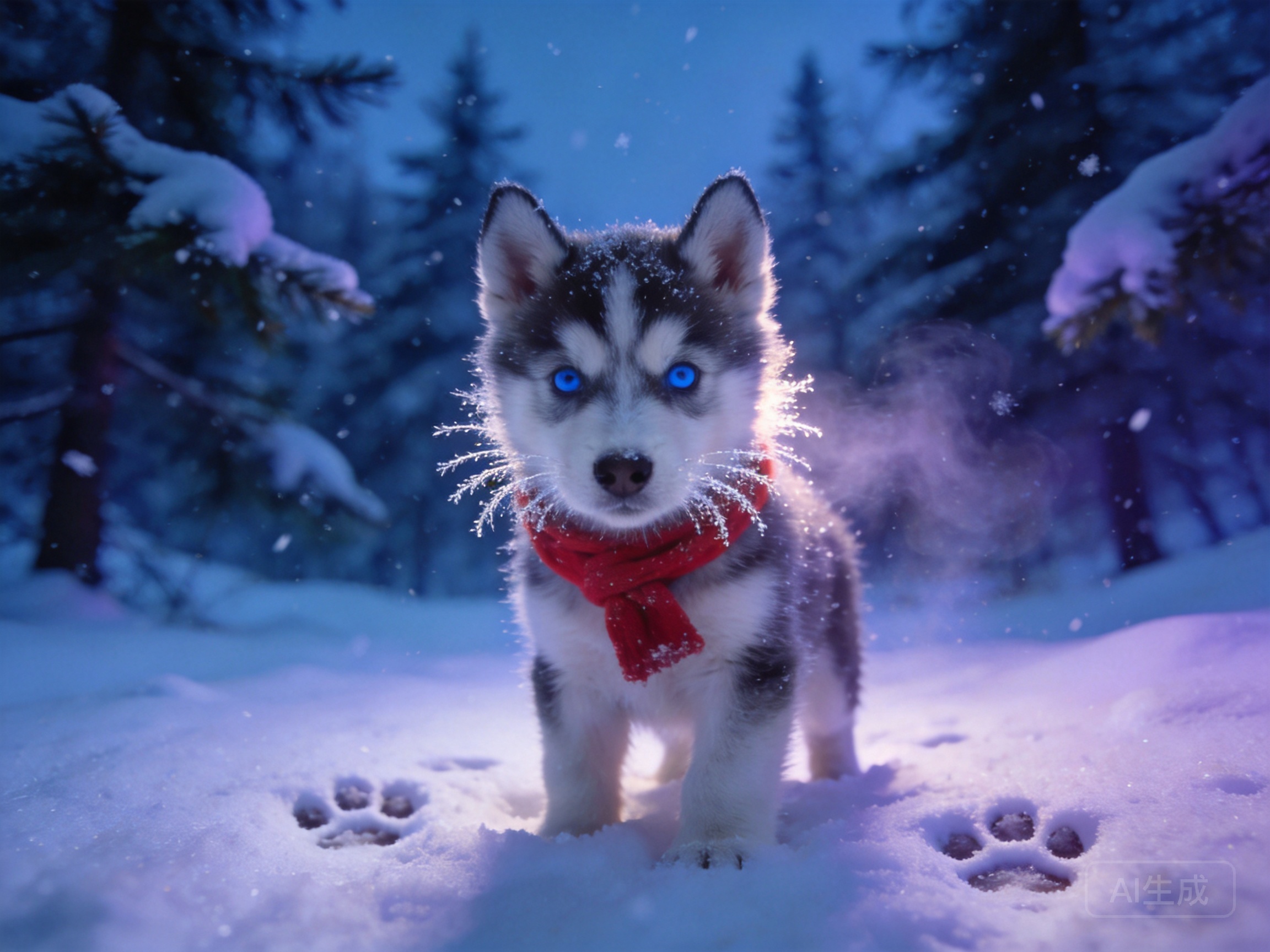 Ultra-realistic winter photograph of a husky puppy...