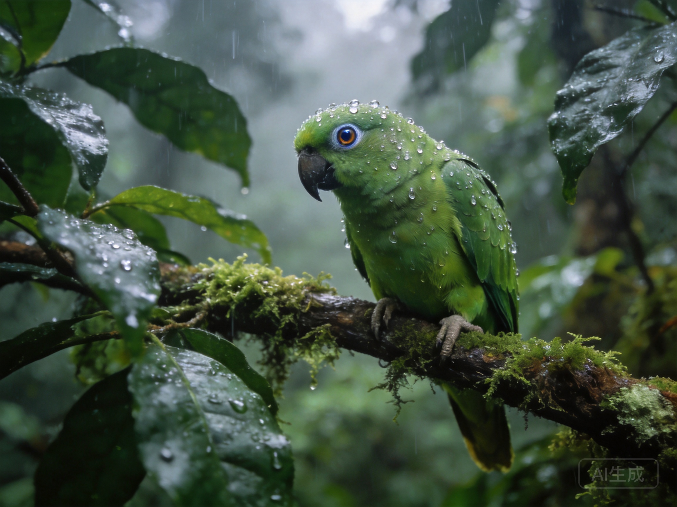 Ultra-realistic macro portrait of a green parrot p...